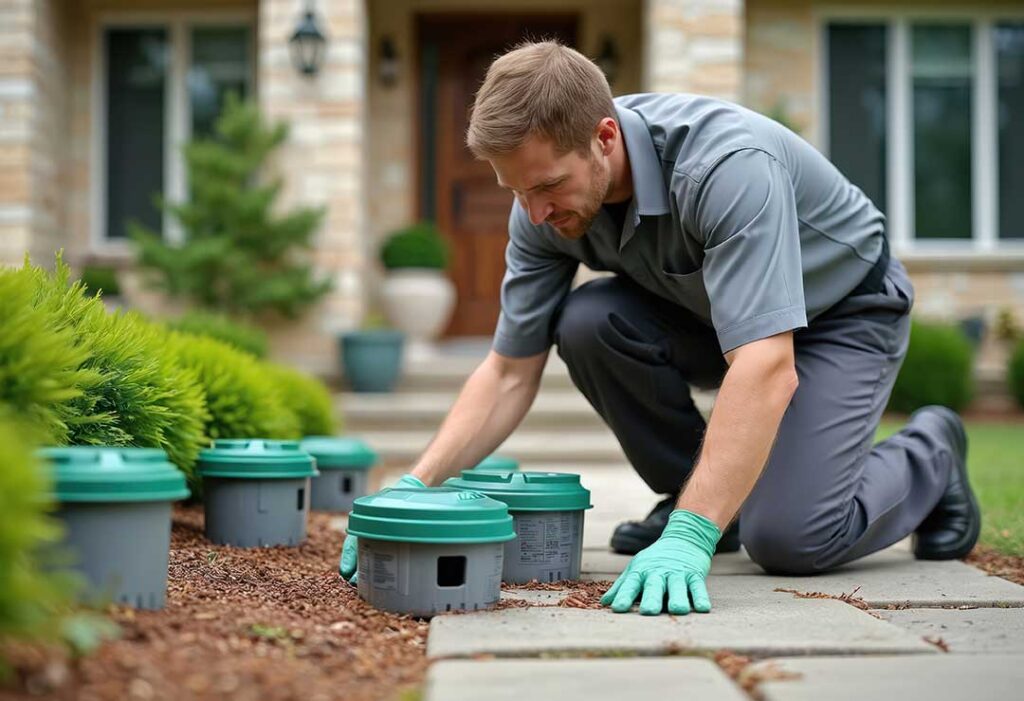 A person empties rainwater from a small bucket in a backyard garden surrounded by green plants.